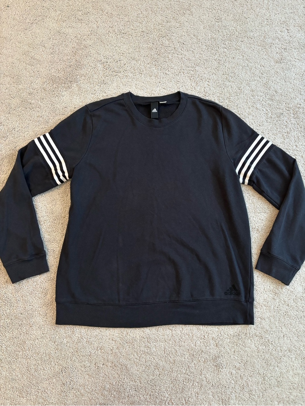 adidas Black Crew Sweatshirt with White Sleeve Stripes, Women’s Large